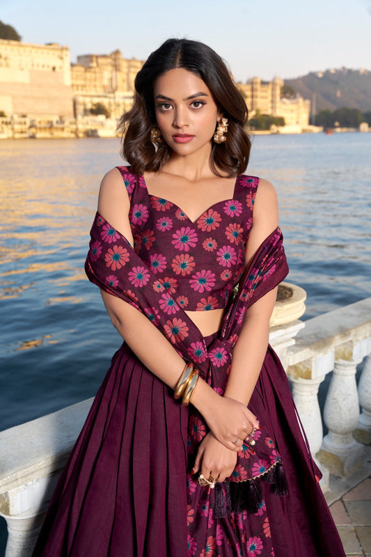 SUHANI Floral Tussar Silk Lehenga Choli with Foil Print & Tassel Dupatta – LNB1232WIN