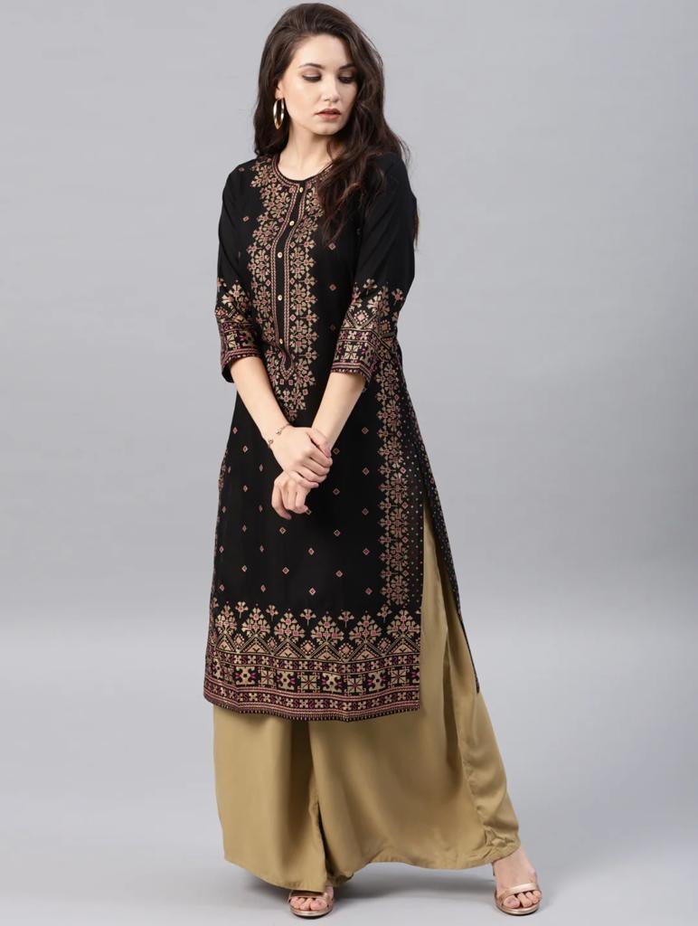 Heavy Rayon Kurti with Foil Work - Black