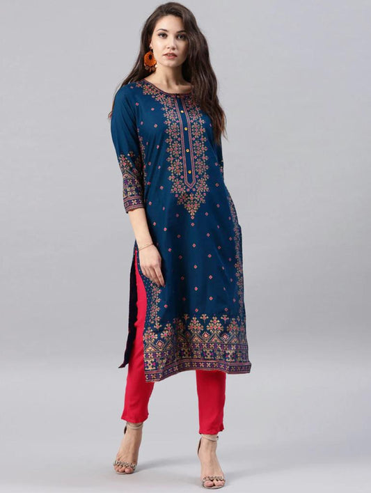 Heavy Rayon Kurti with Foil Work - Blue