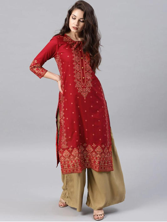 Heavy Rayon Kurti with Foil Work - Red