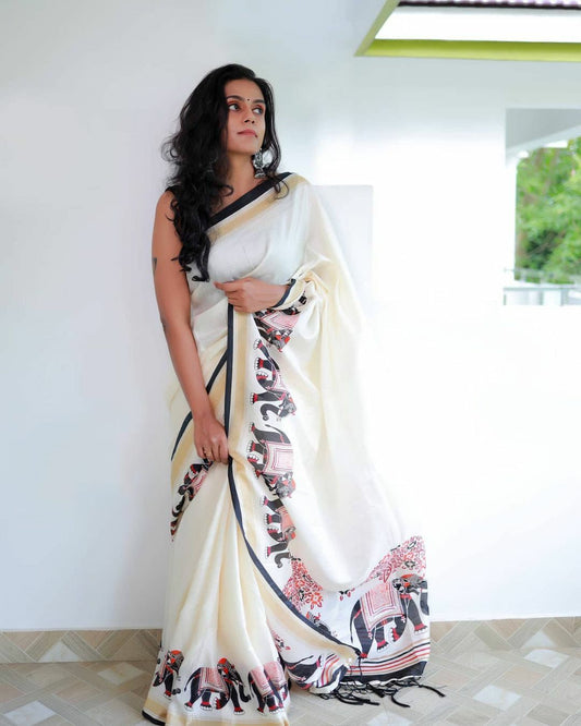 Khadi Silk Saree with HD Ikkat Style Print & Tassels