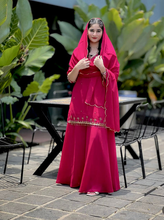 WW-1204 – Fox Georgette Top-Sarara-Dupatta Set - Pink