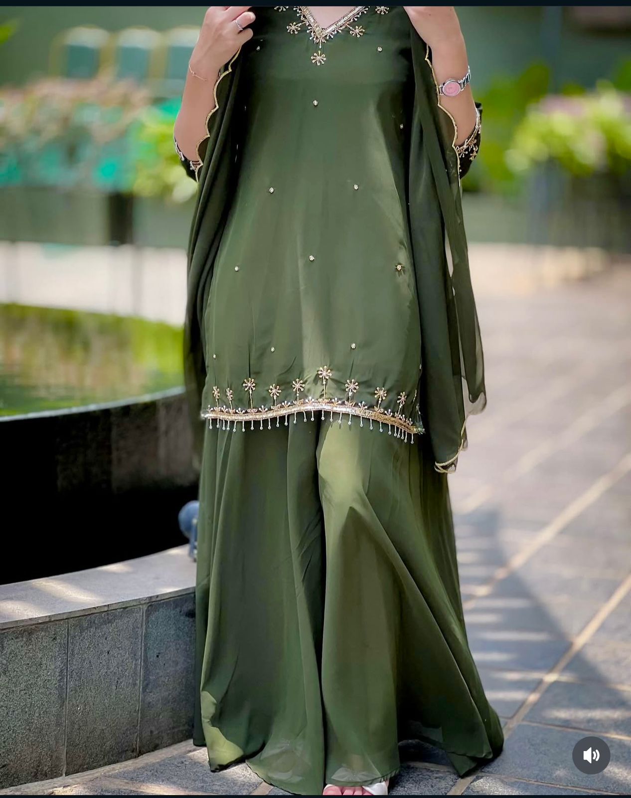 WW-1204 – Fox Georgette Top-Sarara-Dupatta Set - Green