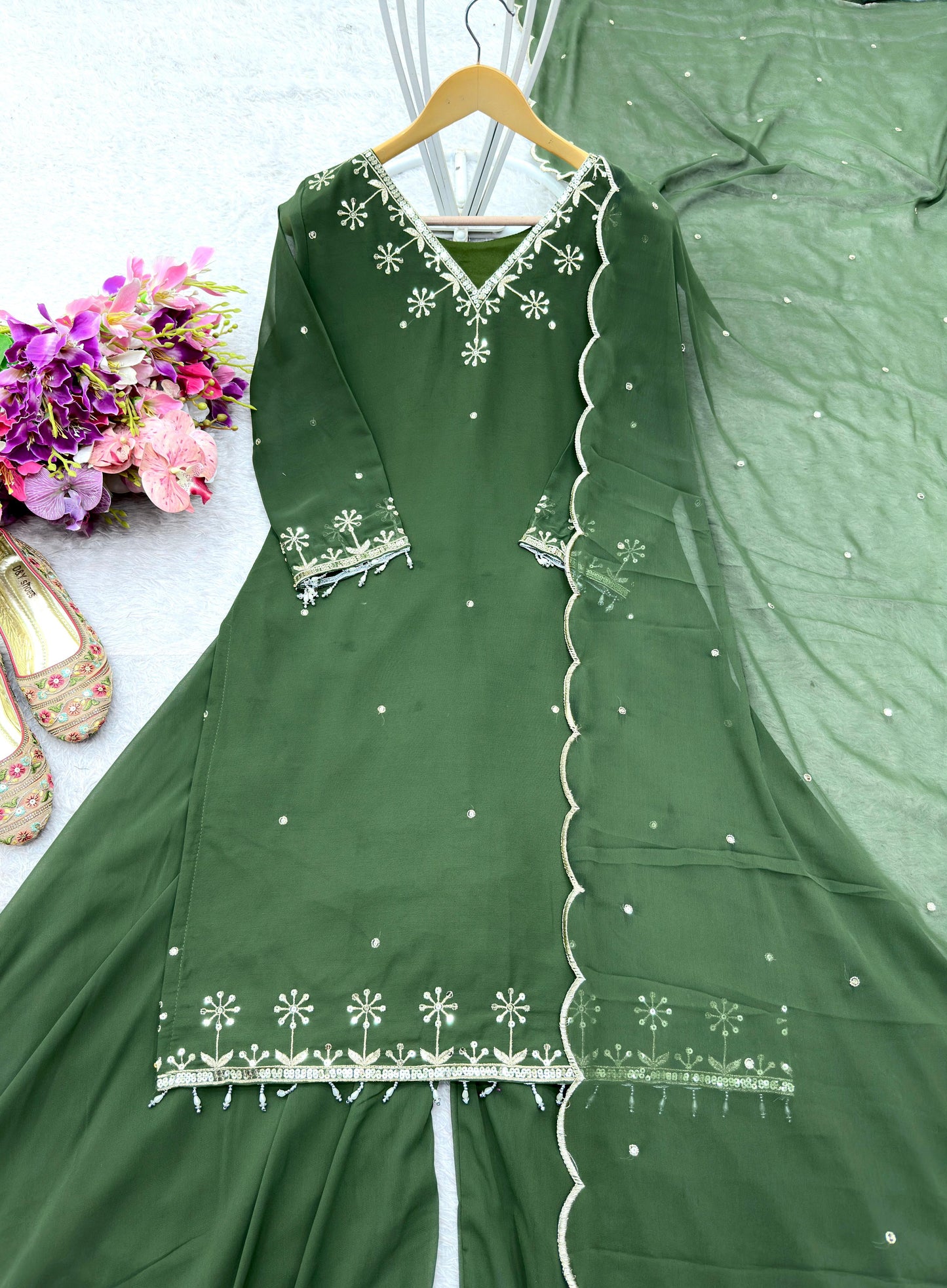 WW-1204 – Fox Georgette Top-Sarara-Dupatta Set - Green