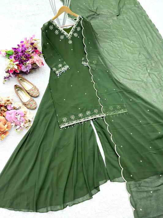 WW-1204 – Fox Georgette Top-Sarara-Dupatta Set - Green