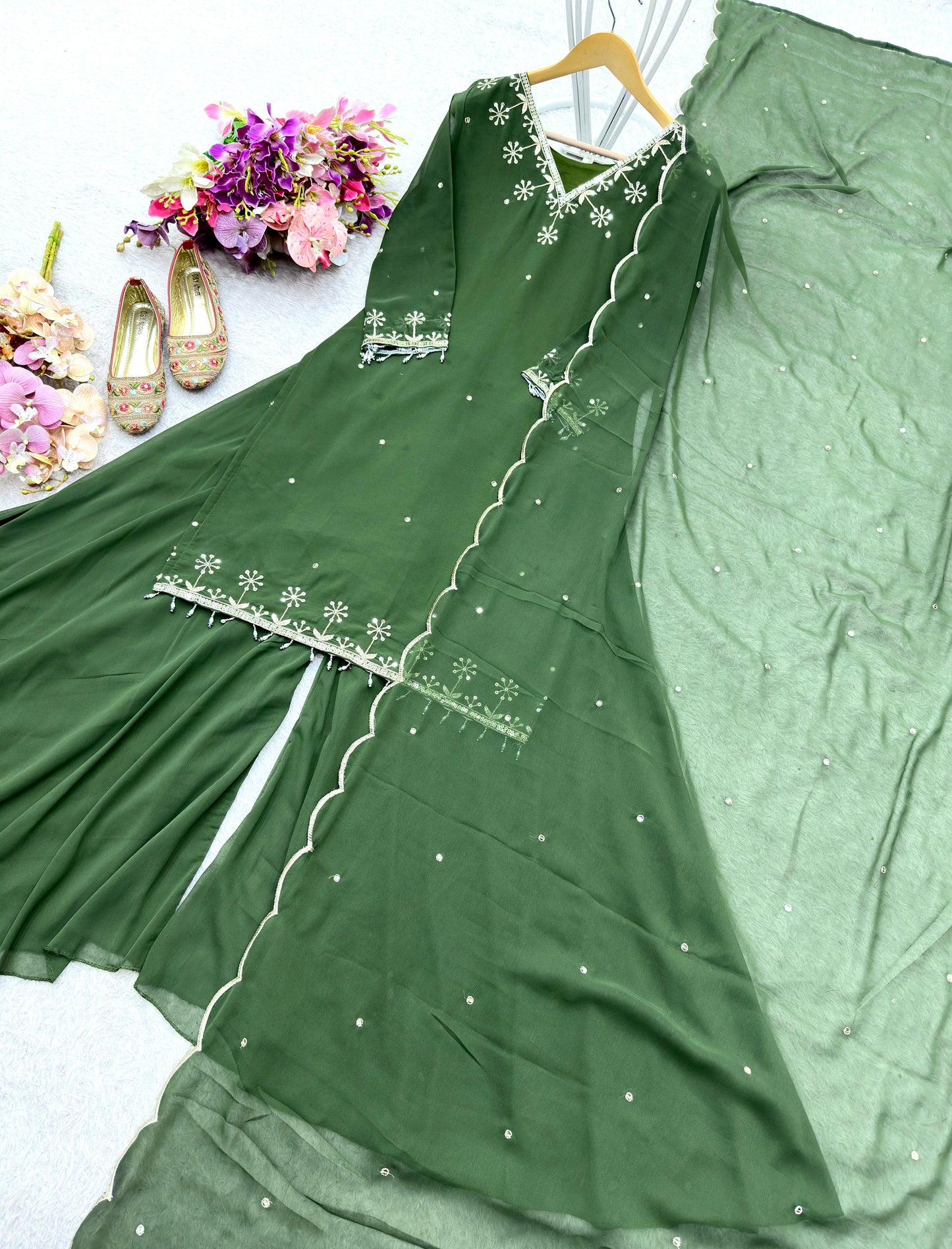 WW-1204 – Fox Georgette Top-Sarara-Dupatta Set - Green