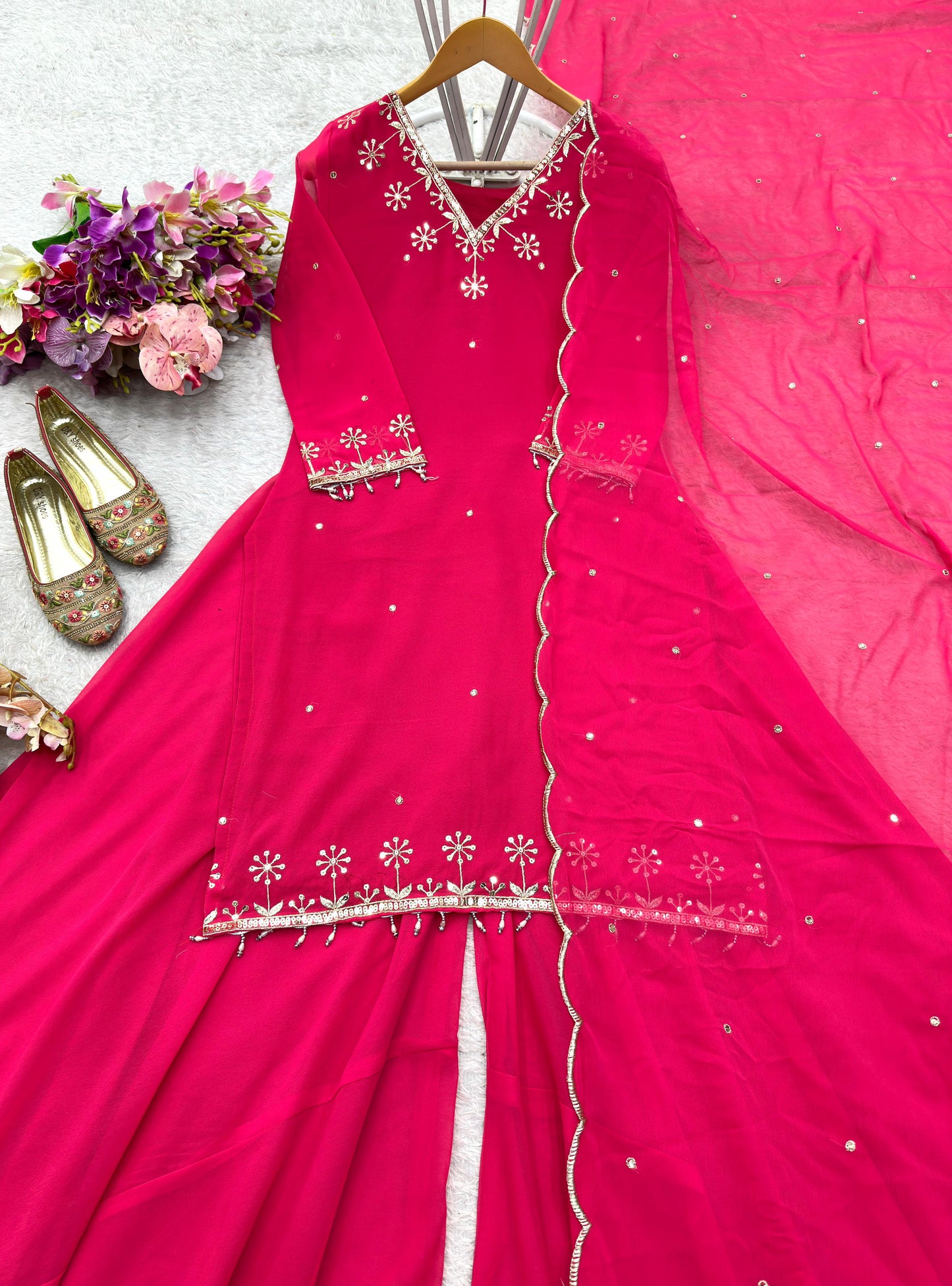 WW-1204 – Fox Georgette Top-Sarara-Dupatta Set - Pink