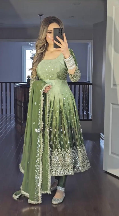 PD1086 – Dual Tone Chinon Silk Anarkali Gown Set - Green