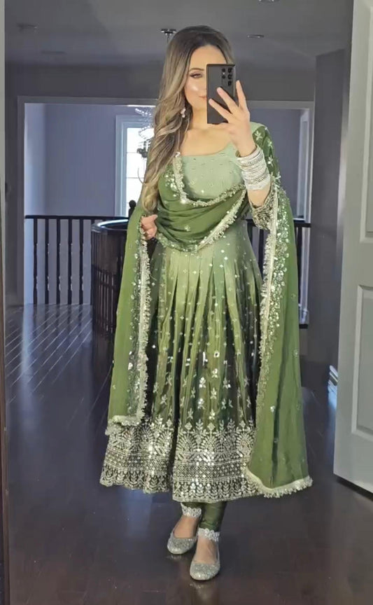 PD1086 – Dual Tone Chinon Silk Anarkali Gown Set - Green