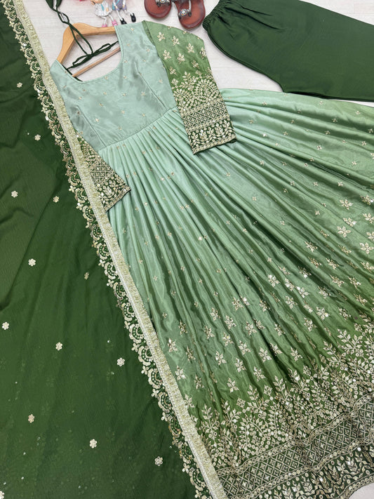 PD1086 – Dual Tone Chinon Silk Anarkali Gown Set - Green