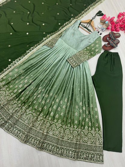 PD1086 – Dual Tone Chinon Silk Anarkali Gown Set - Green