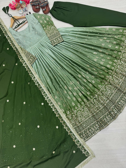 PD1086 – Dual Tone Chinon Silk Anarkali Gown Set - Green