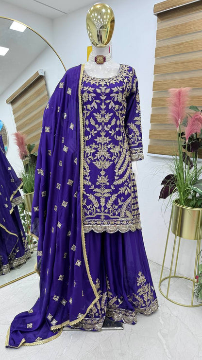 ZD-10091 – Embroidered Chinon Silk Top-Sharara-Dupatta Set - BLUE