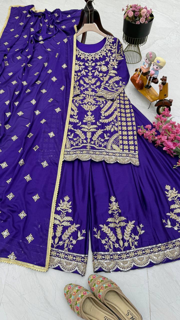 ZD-10091 – Embroidered Chinon Silk Top-Sharara-Dupatta Set - BLUE