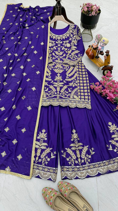 ZD-10091 – Embroidered Chinon Silk Top-Sharara-Dupatta Set - BLUE