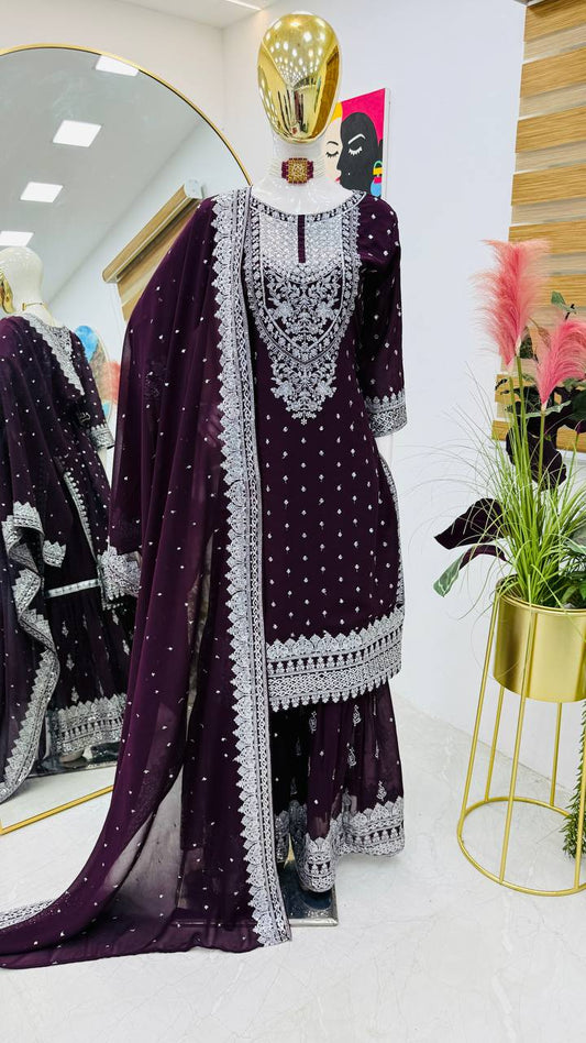 ZB-5041 – Fox Georgette Designer Sharara Suit Set - Wine