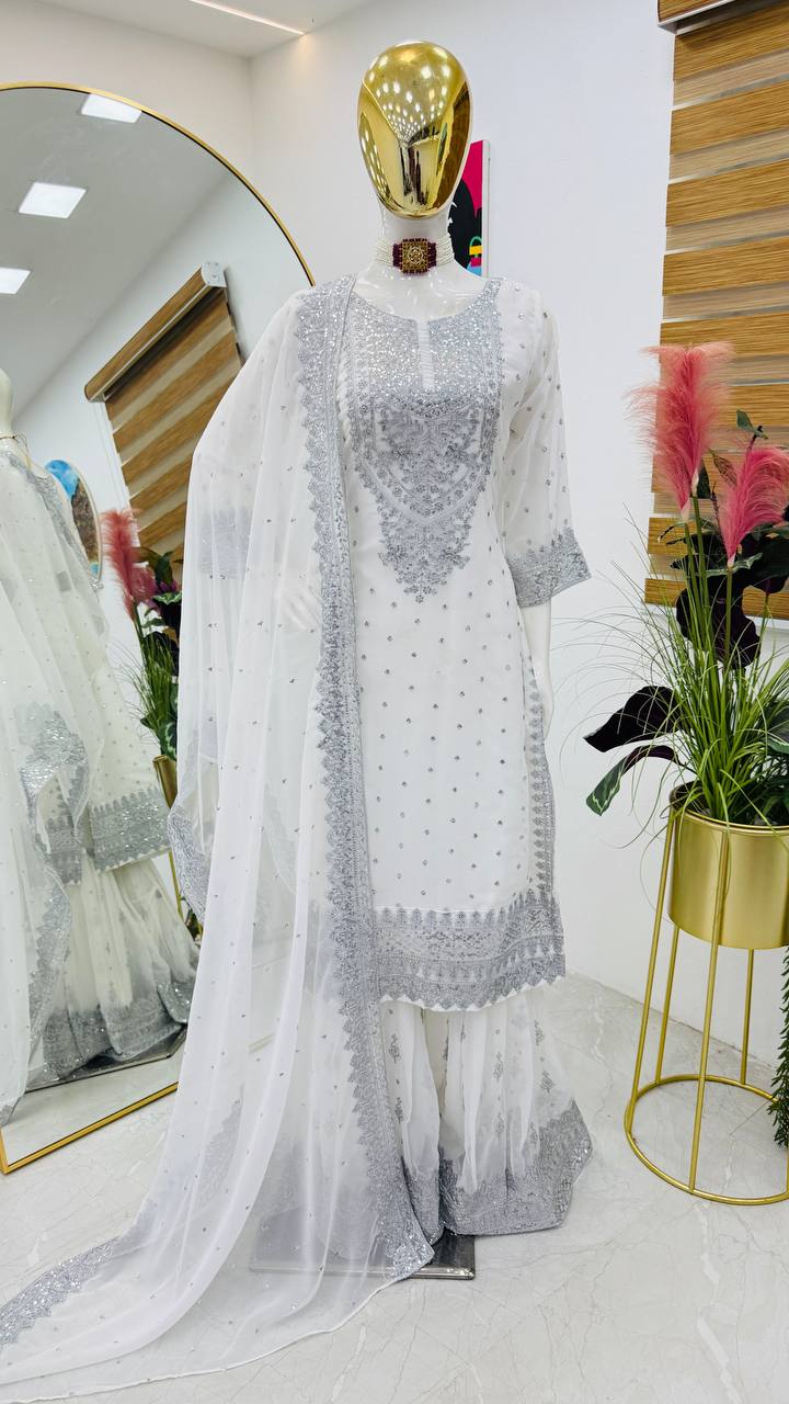 ZB-5041 – Fox Georgette Designer Sharara Suit Set - White