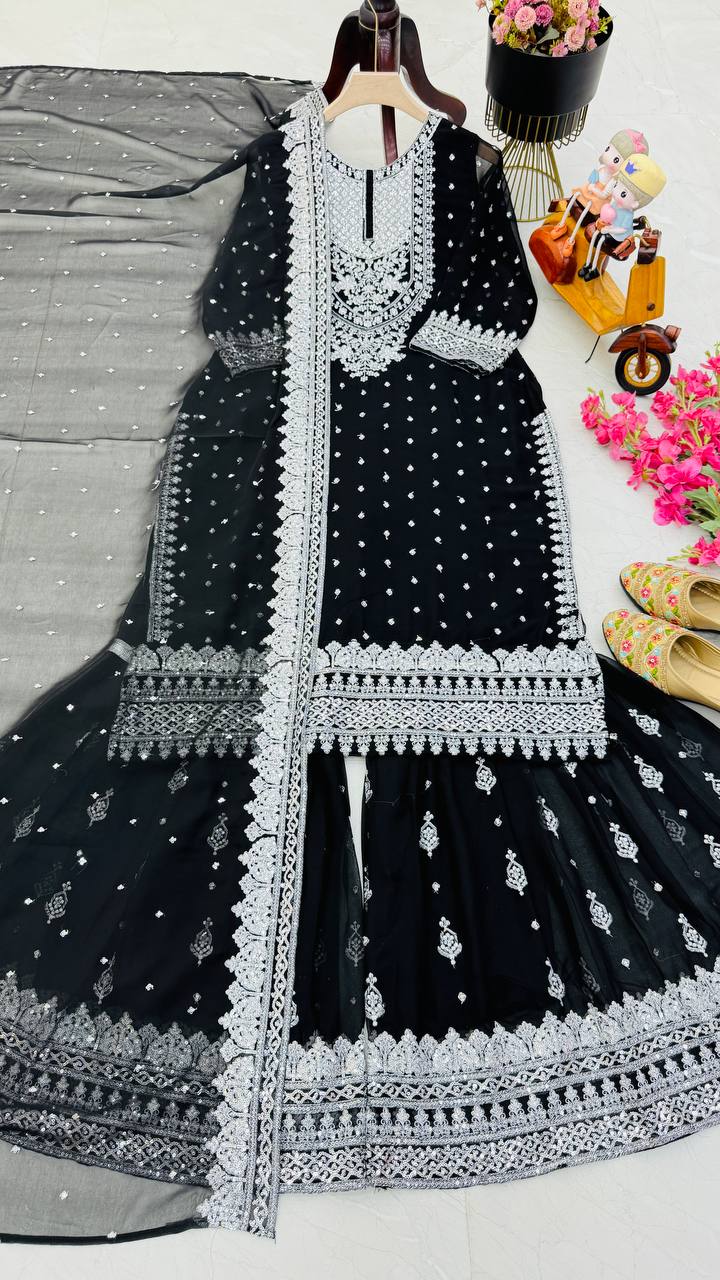 ZB-5041 – Fox Georgette Designer Sharara Suit Set - Black