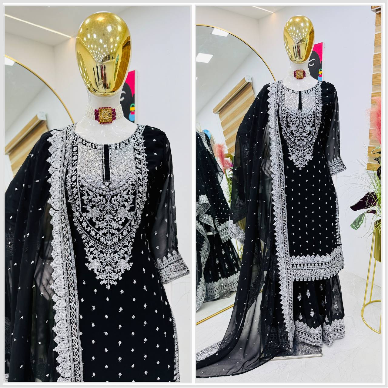 ZB-5041 – Fox Georgette Designer Sharara Suit Set - Black