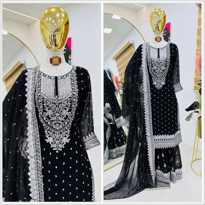 ZB-5041 – Fox Georgette Designer Sharara Suit Set - Black