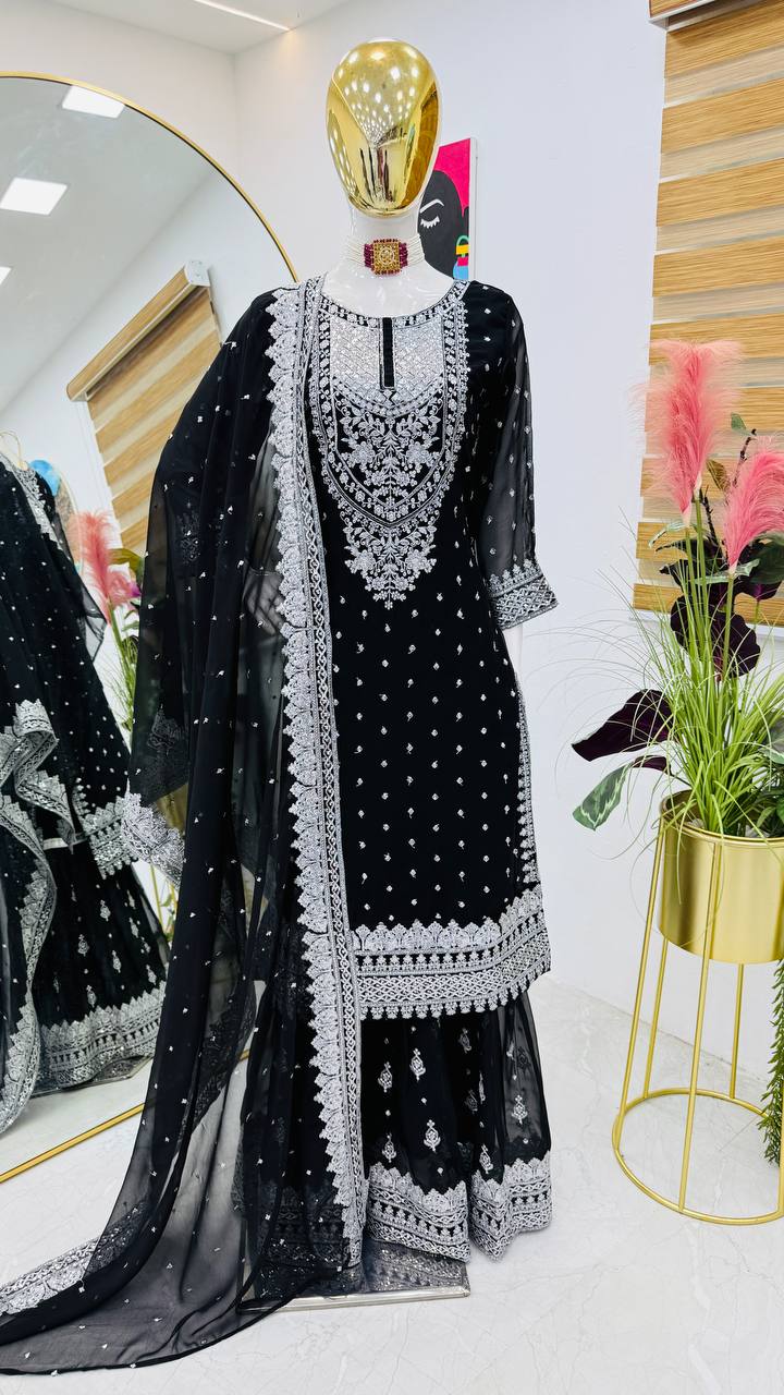 ZB-5041 – Fox Georgette Designer Sharara Suit Set - Black