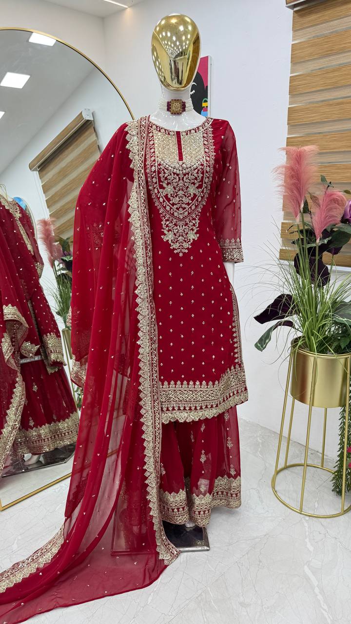 ZB-5041 – Fox Georgette Designer Sharara Suit Set - Red