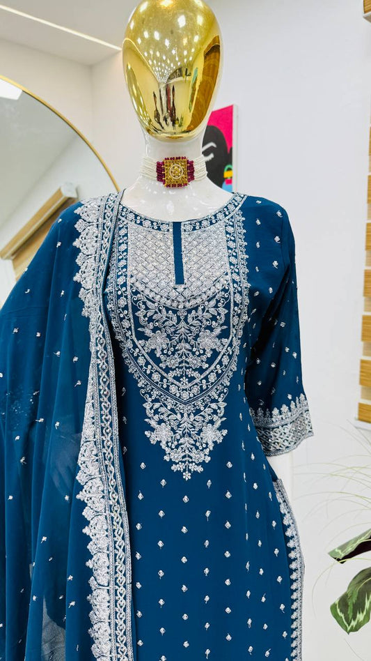 ZB-5041 – Fox Georgette Designer Sharara Suit Set - Blue