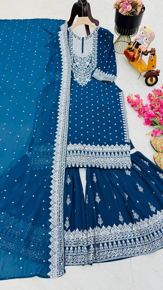 ZB-5041 – Fox Georgette Designer Sharara Suit Set - Blue