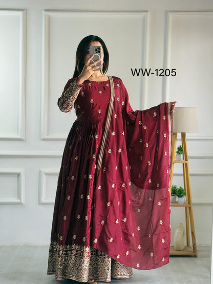 WW-1205 – Chinon Silk Gown-Pant-Dupatta Set
