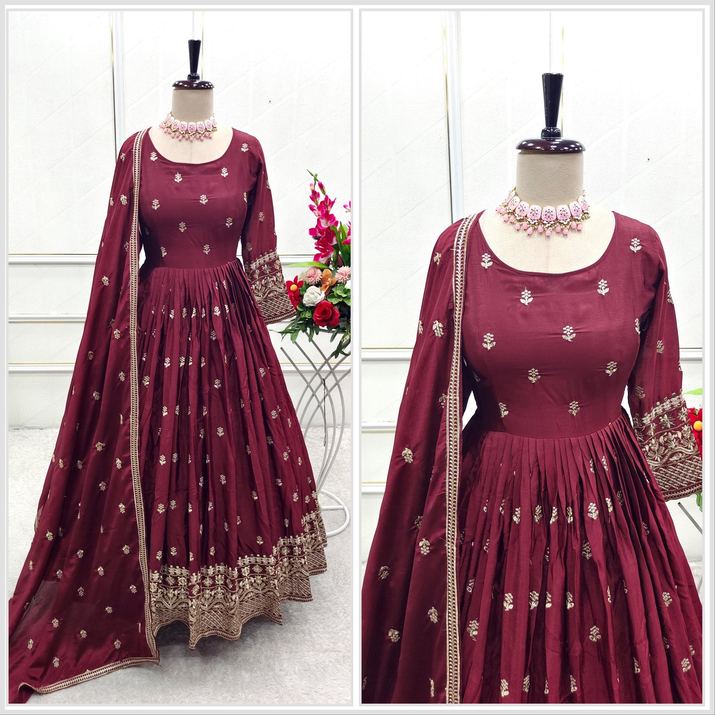 WW-1205 – Chinon Silk Gown-Pant-Dupatta Set