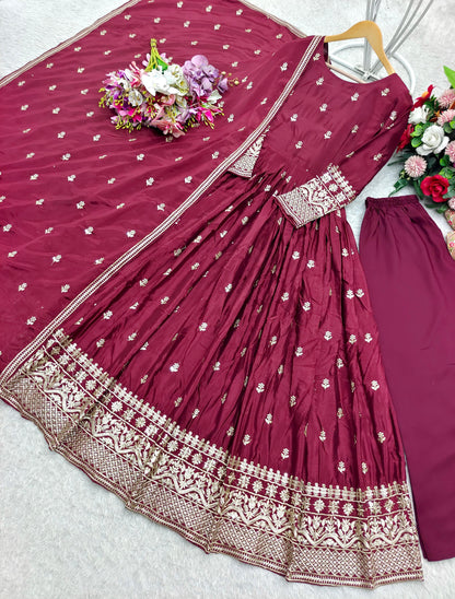 WW-1205 – Chinon Silk Gown-Pant-Dupatta Set