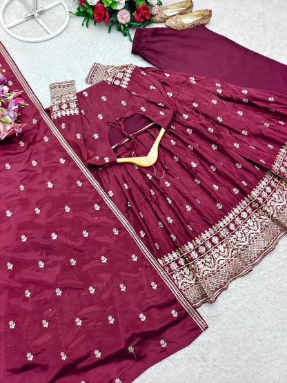 WW-1205 – Chinon Silk Gown-Pant-Dupatta Set