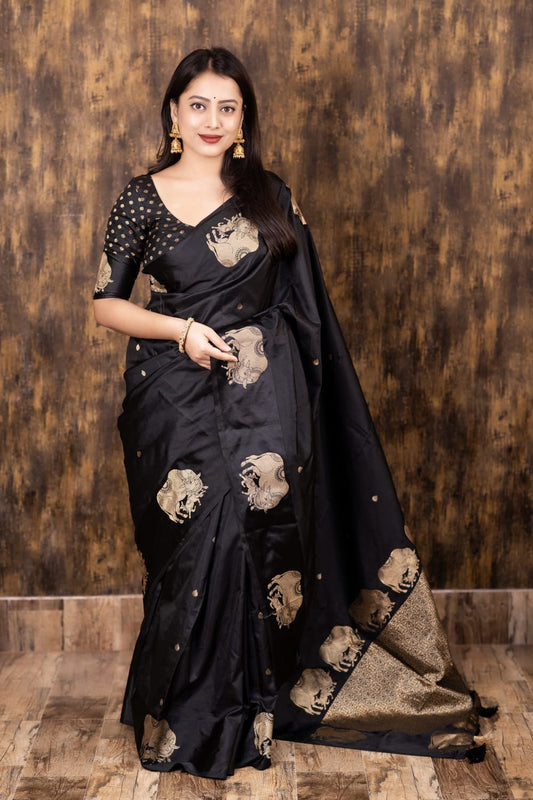 AK-266 – Banarasi Sartin Pattu Soft Silk Saree - Black