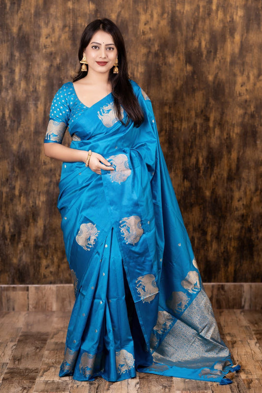 AK-266 – Banarasi Sartin Pattu Soft Silk Saree - Blue