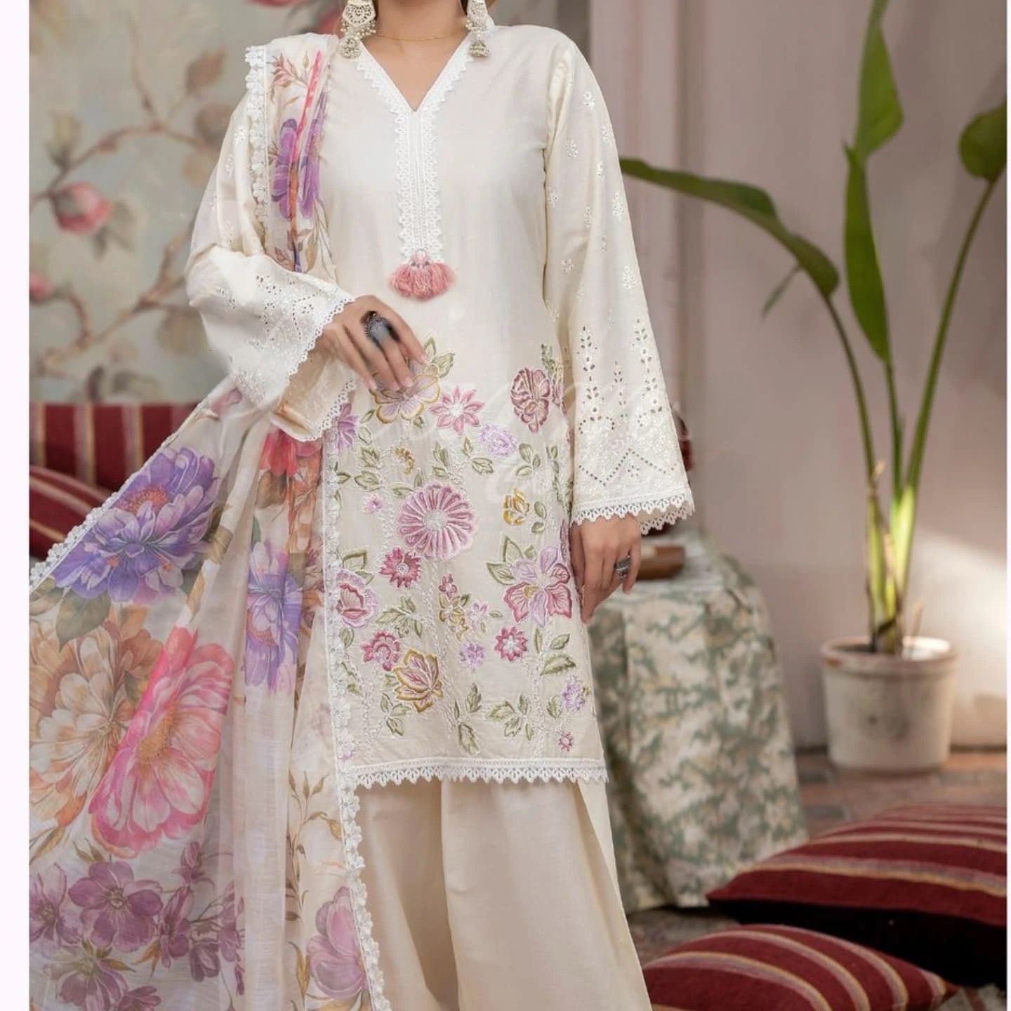 BE-373 – Designer Farsi Salwar Suit (3-Piece Set) - White
