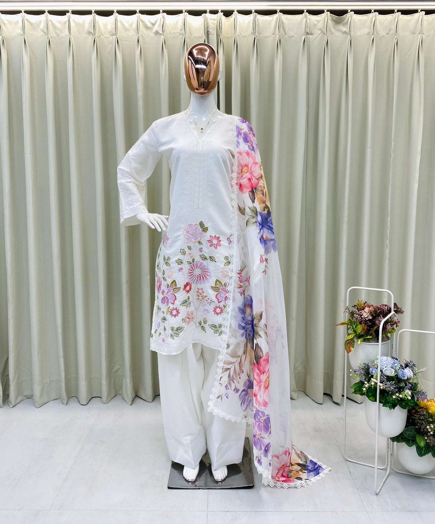 BE-373 – Designer Farsi Salwar Suit (3-Piece Set) - White