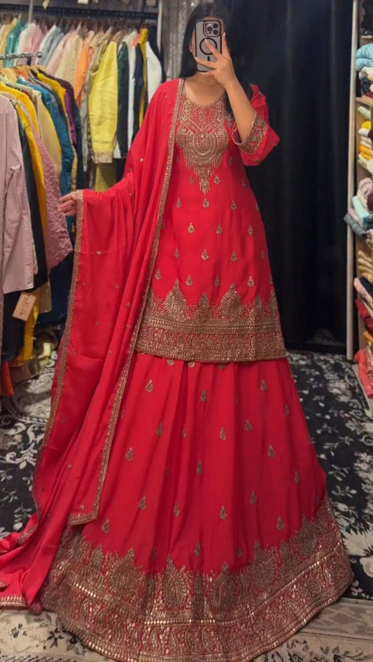 ZD-10005 – Designer Chinon Silk Lehenga Suit Set - Red