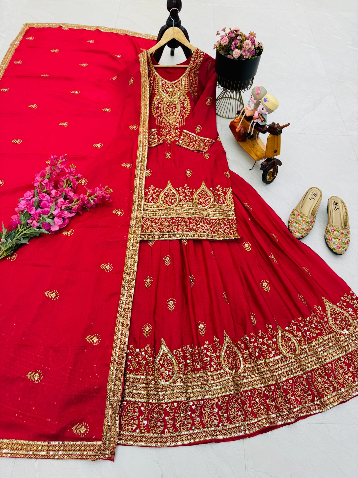 ZD-10005 – Designer Chinon Silk Lehenga Suit Set - Red