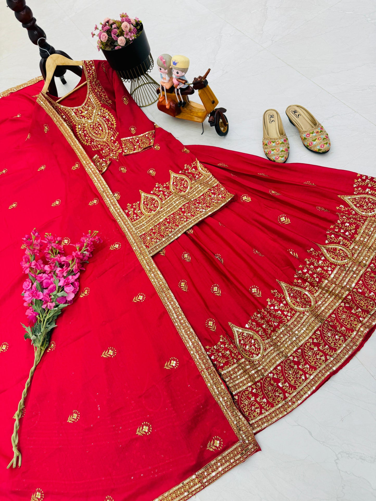ZD-10005 – Designer Chinon Silk Lehenga Suit Set - Red