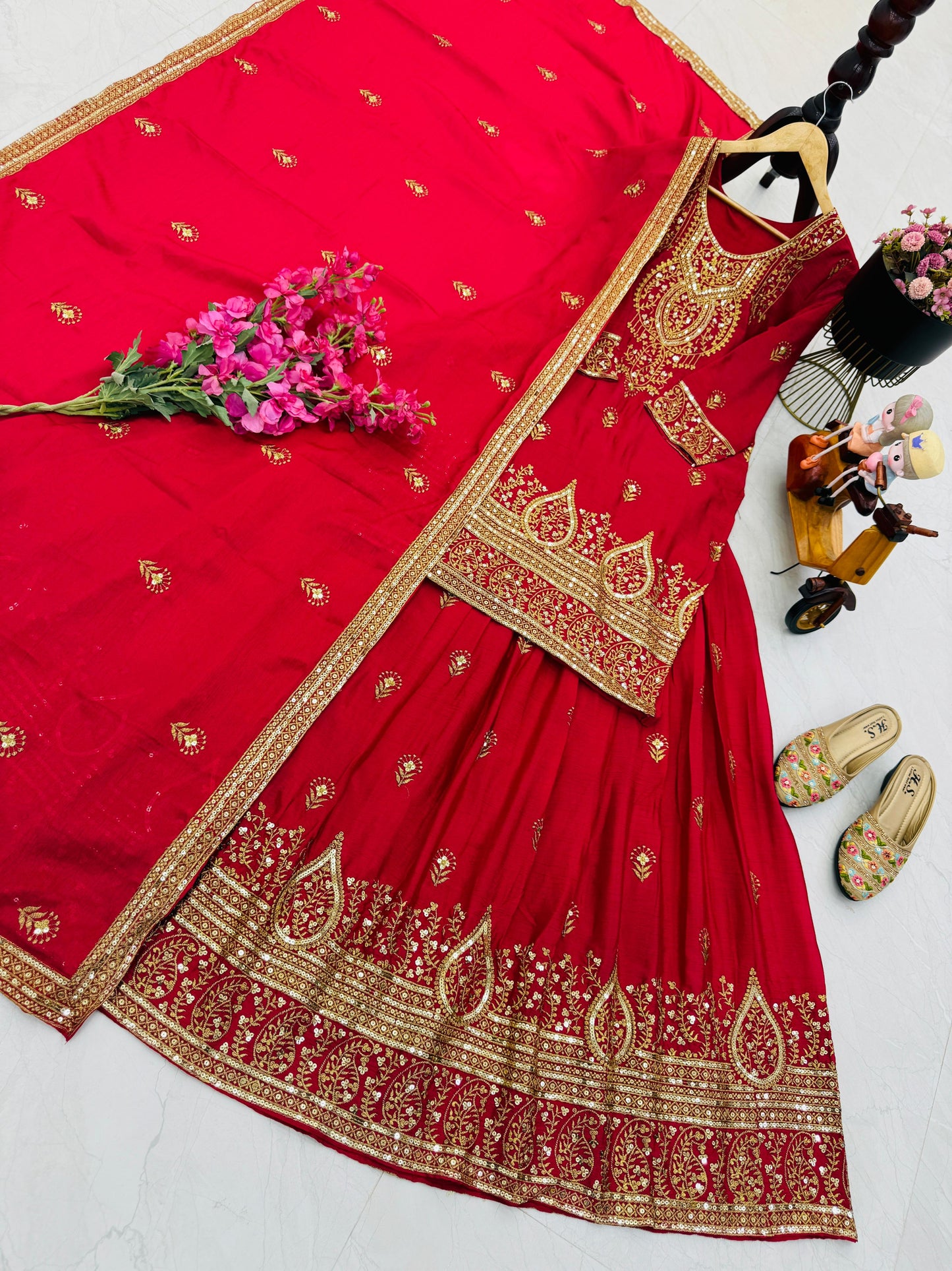 ZD-10005 – Designer Chinon Silk Lehenga Suit Set - Red