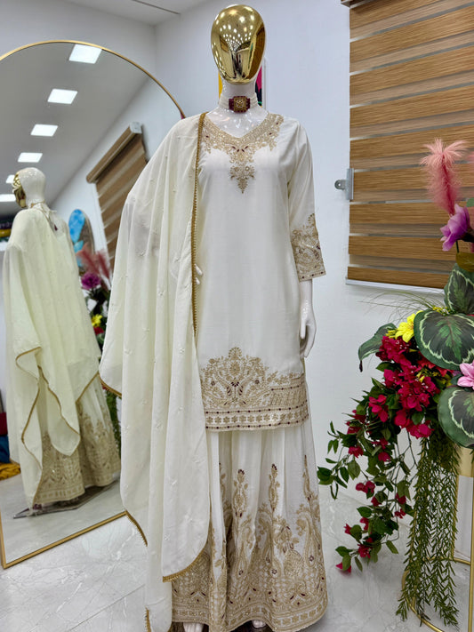 Z-9283 – Designer Party Wear Sharara Suit Set - White