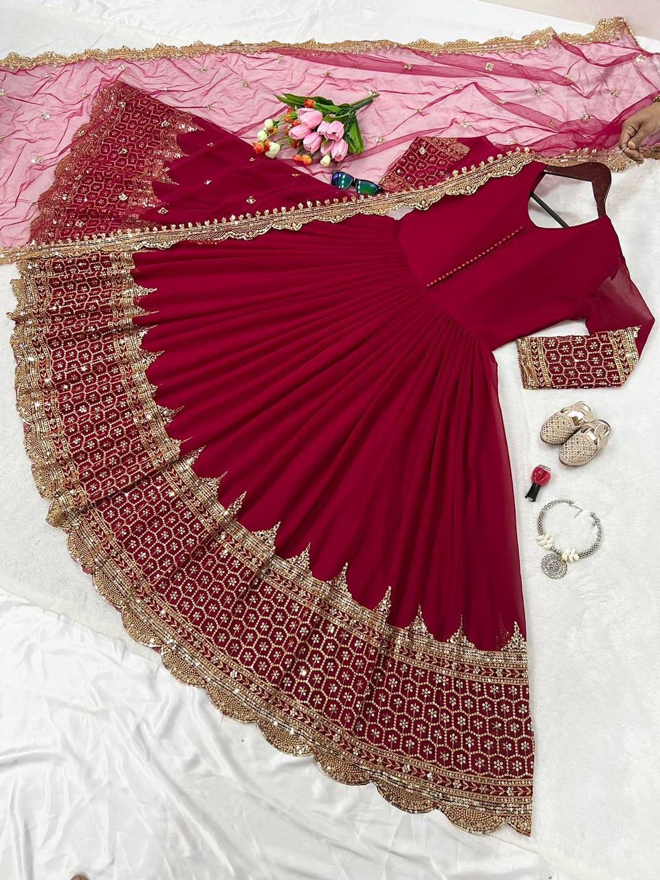 ZF-194 – Elegant Embroidered Gown with Dupatta - Red