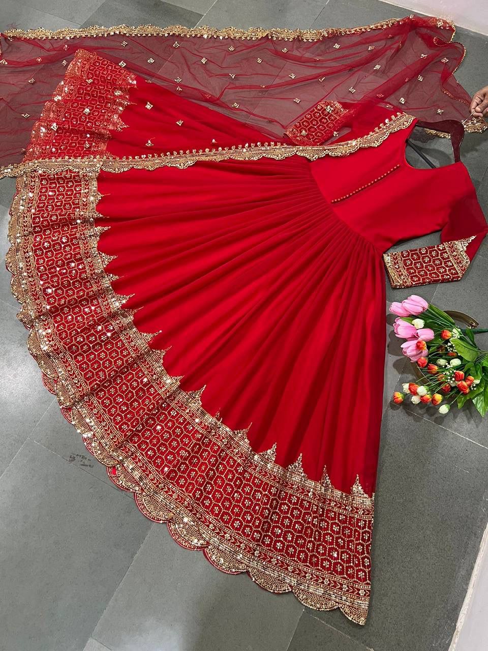 ZF-194 – Elegant Embroidered Gown with Dupatta - Red