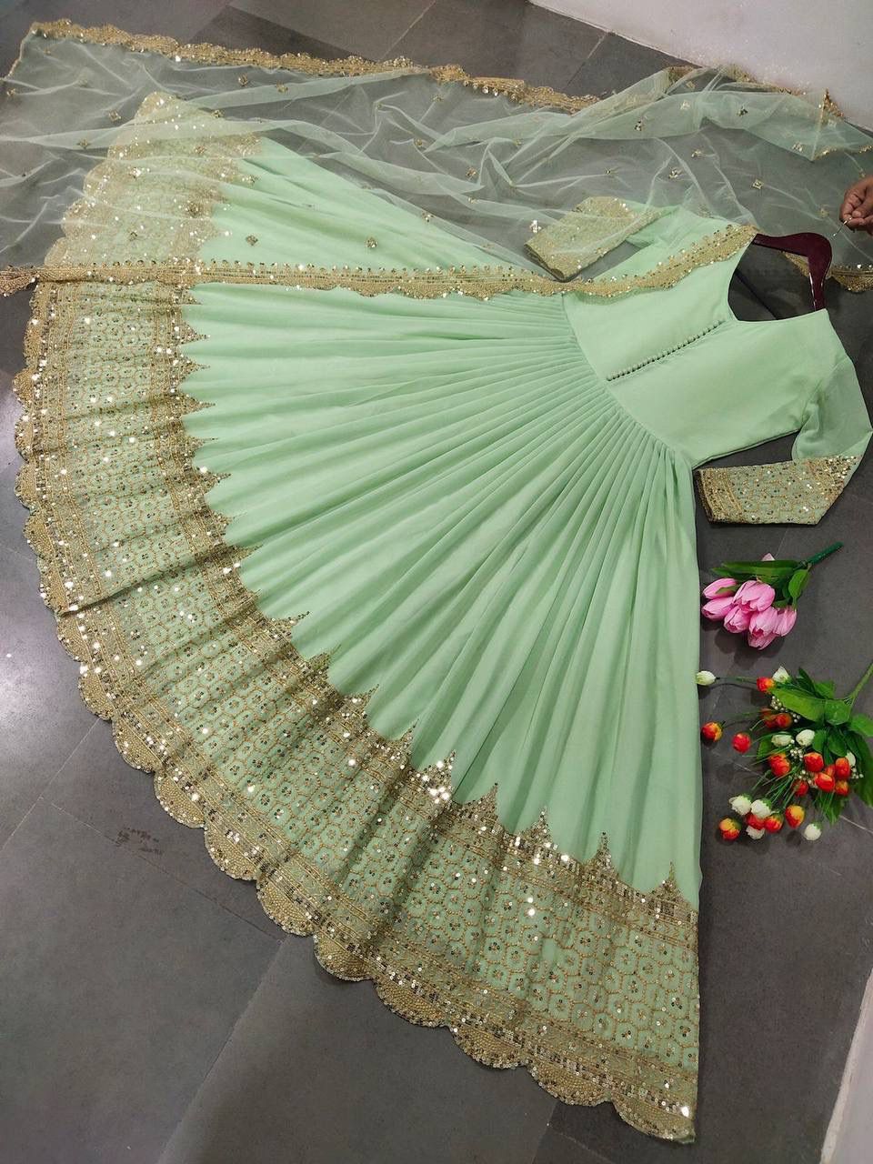 ZF-194 – Elegant Embroidered Gown with Dupatta - Pastel Green