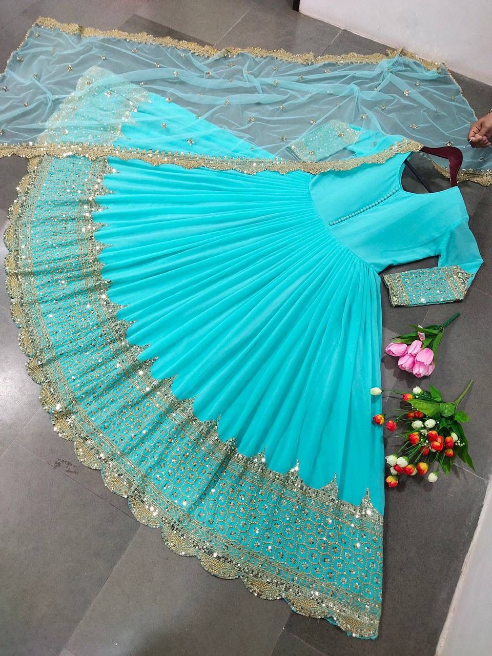 ZF-194 – Elegant Embroidered Gown with Dupatta - Sea Blue
