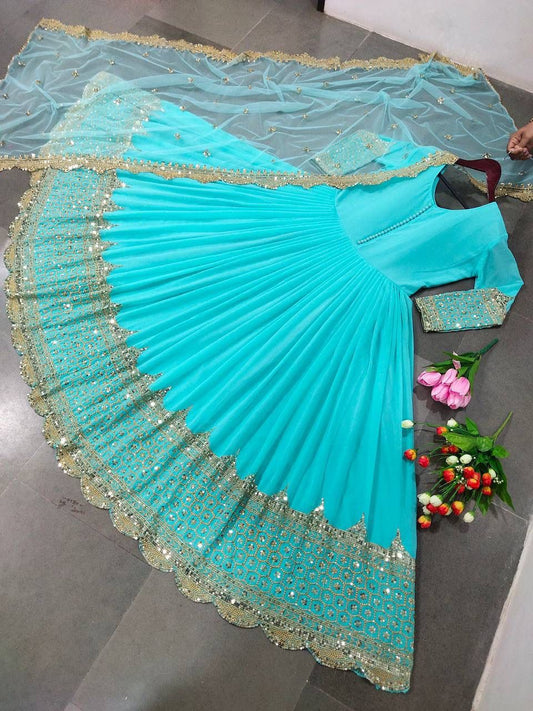 ZF-194 – Elegant Embroidered Gown with Dupatta - Sea Blue