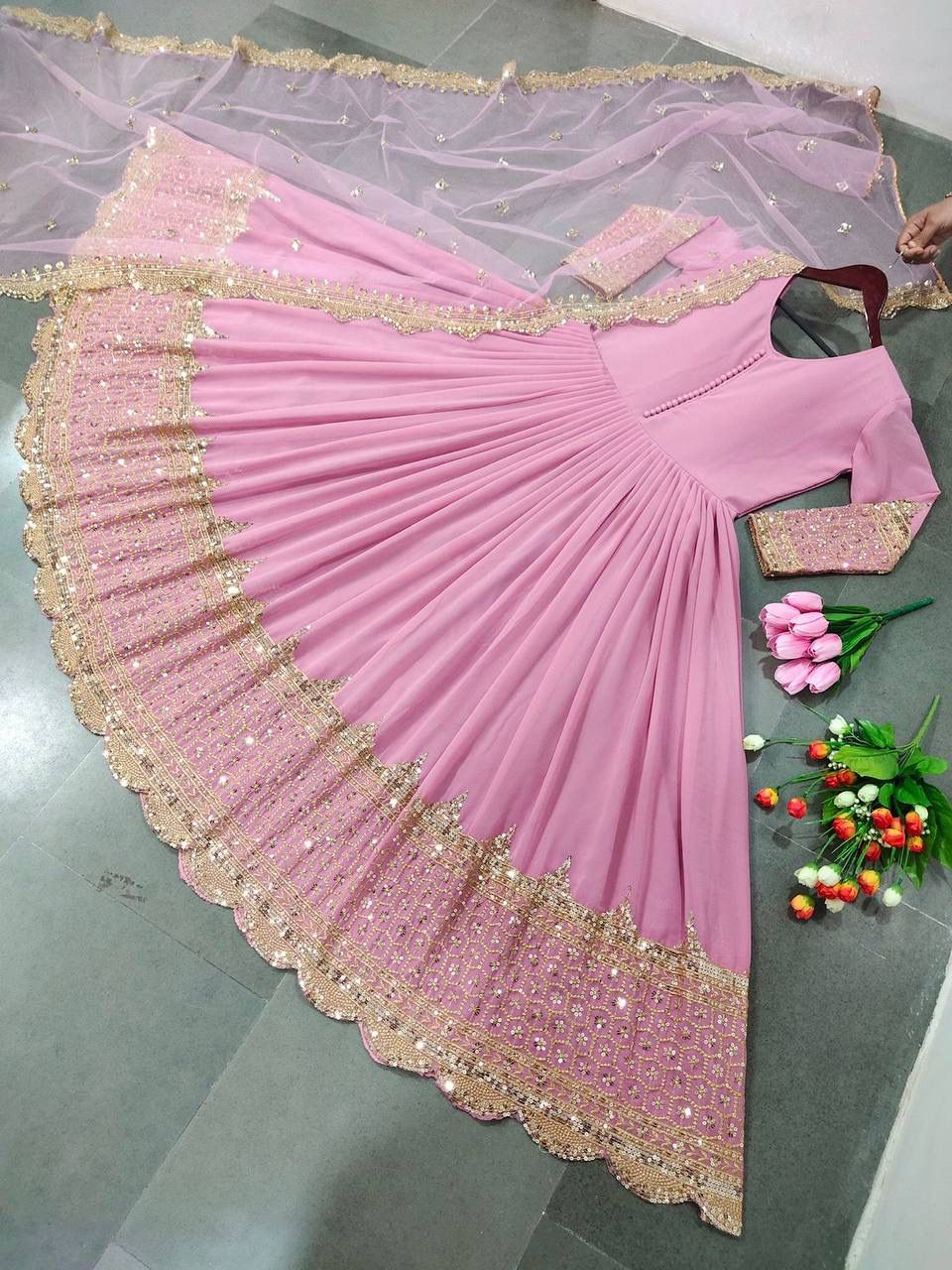ZF-194 – Elegant Embroidered Gown with Dupatta - Pink