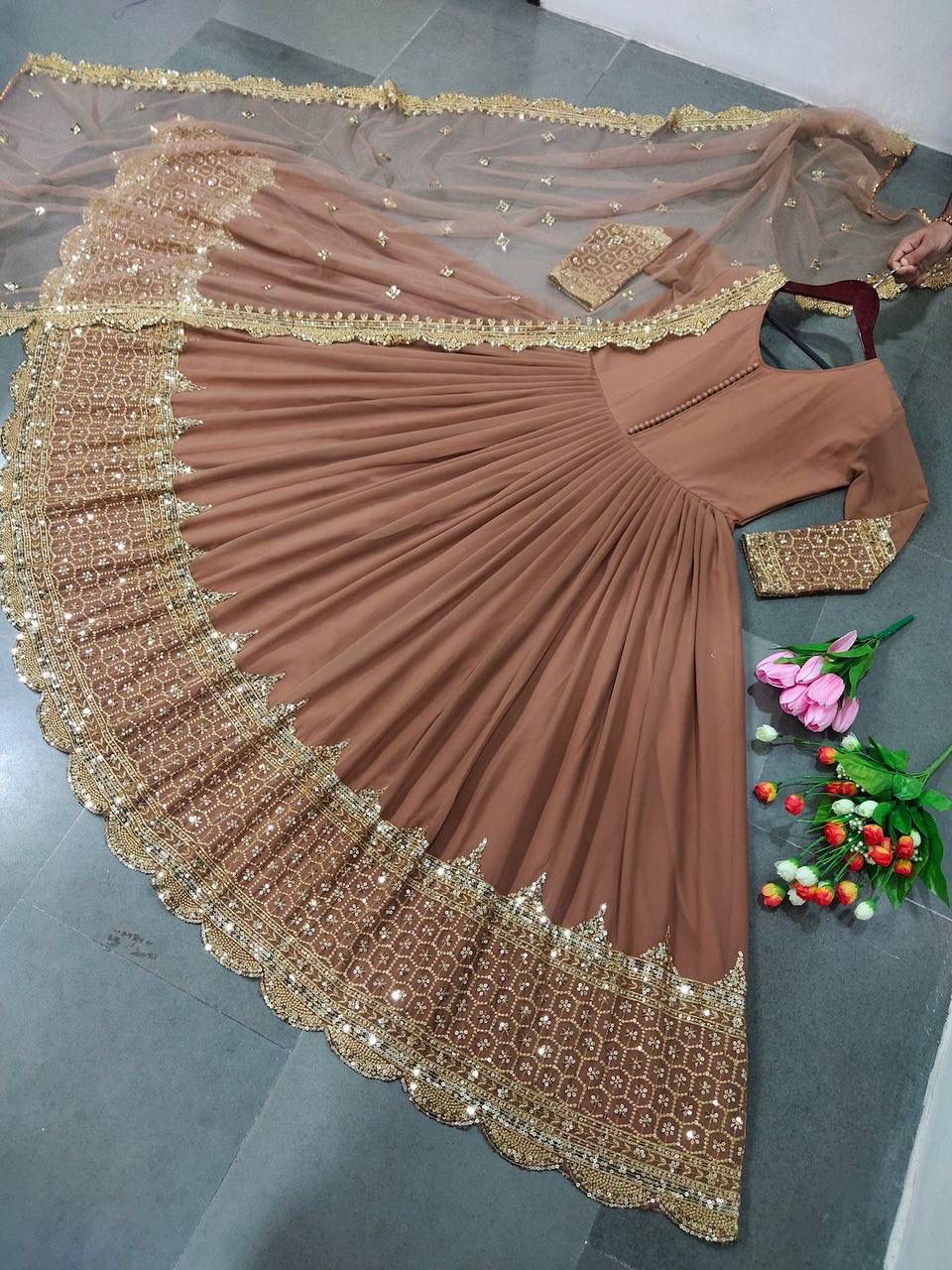 ZF-194 – Elegant Embroidered Gown with Dupatta - Brown