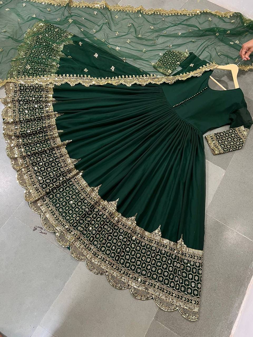 ZF-194 – Elegant Embroidered Gown with Dupatta - Bottle Green
