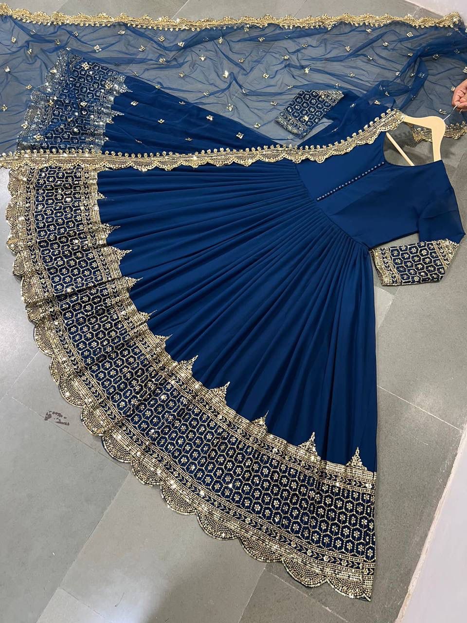 ZF-194 – Elegant Embroidered Gown with Dupatta - Navy Blue